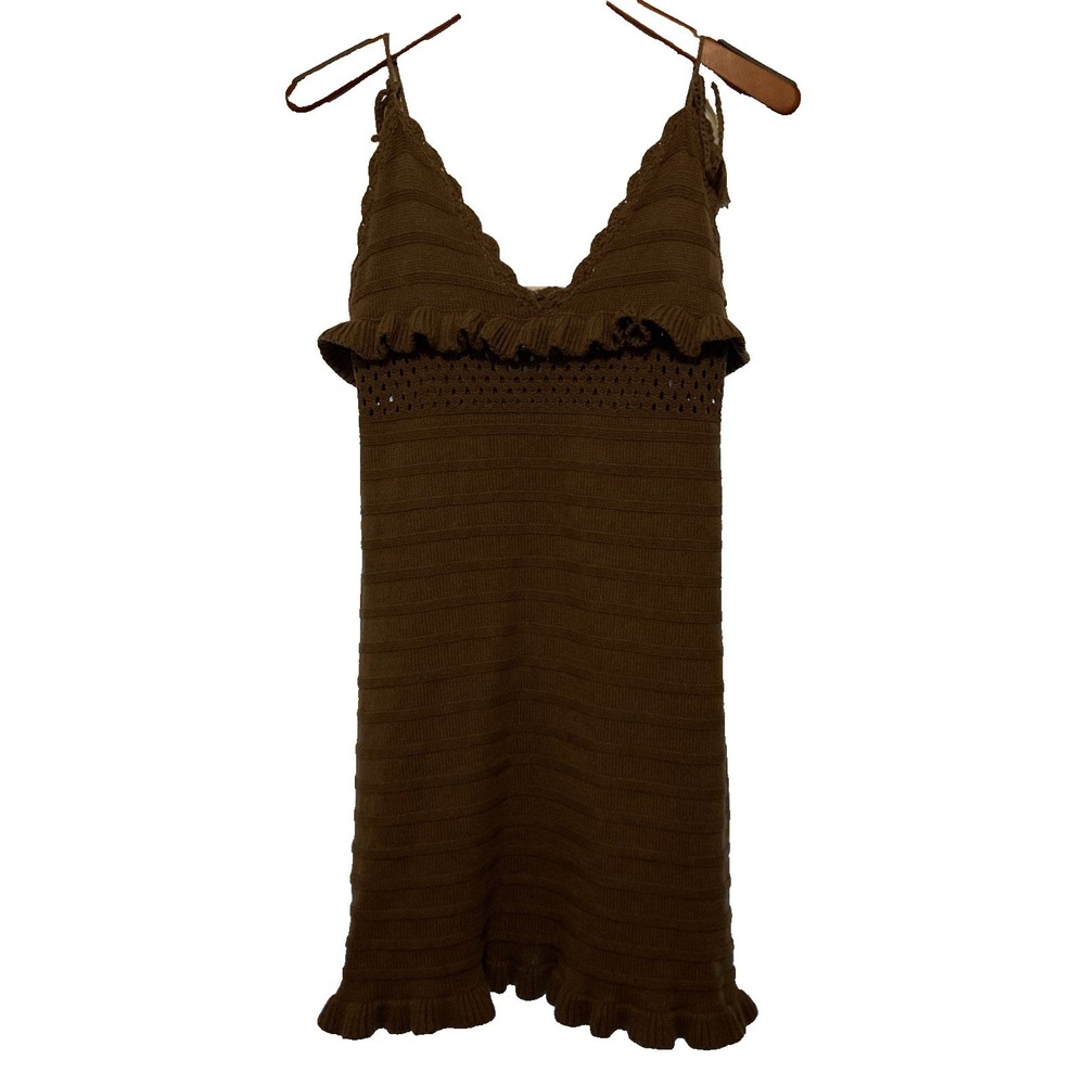 Papermoon Brown Crochet Knit Mini Dress Ruffle V-Neck Tassel Straps Womens Large